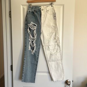 PACSUN HIGH RISE STRAIGHT TWO TONE DESTROYED DENIM JEANS PANTS SIZE 25 NWT